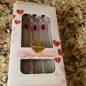 Heart Design Reusable Glass Straws 1 box set of 6 red and pink